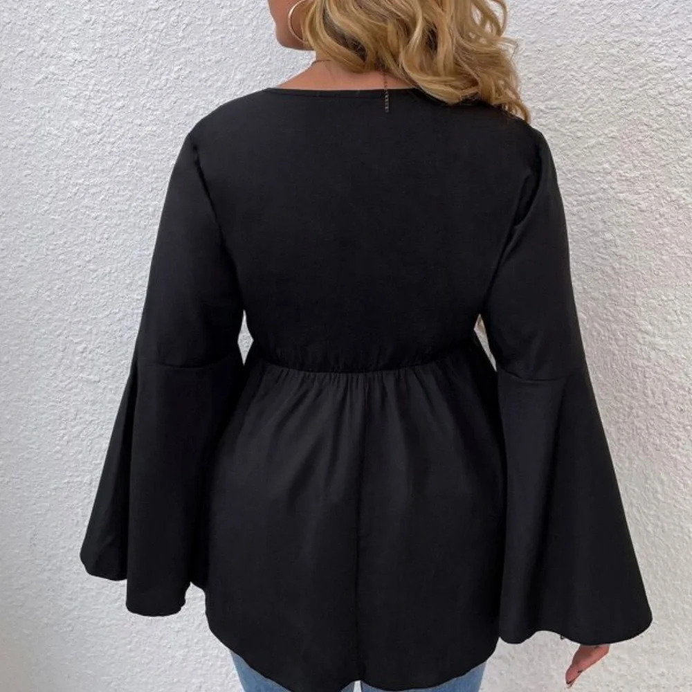 Plus Black Bell Sleeve Surplice Peplum Top - Picture 2 of 3